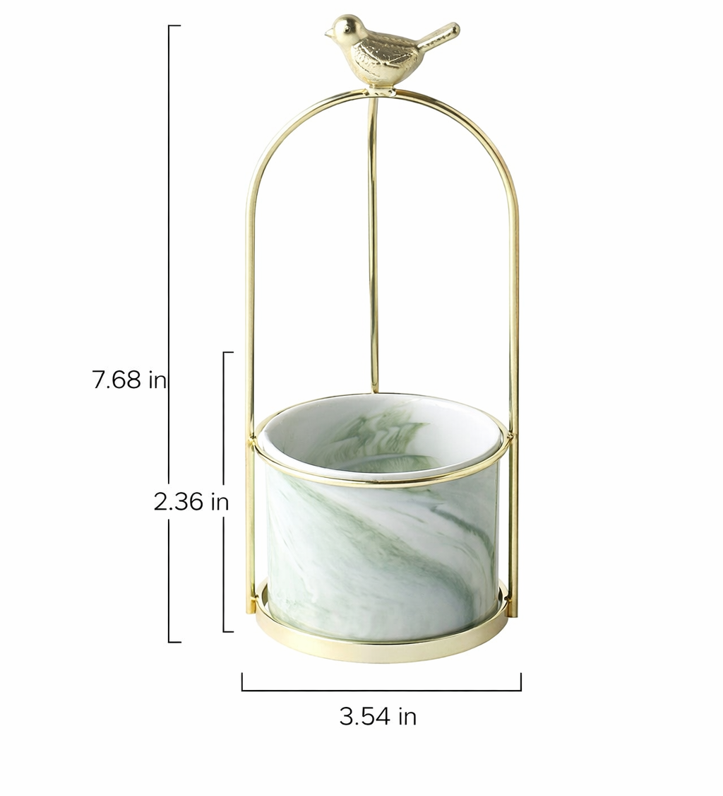 Decorative Metal Flower Pot with Bird Accent