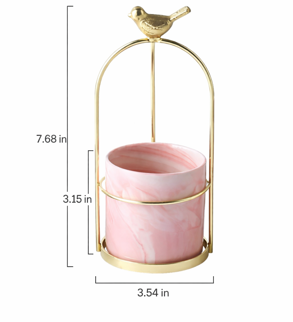 Decorative Metal Flower Pot with Bird Accent