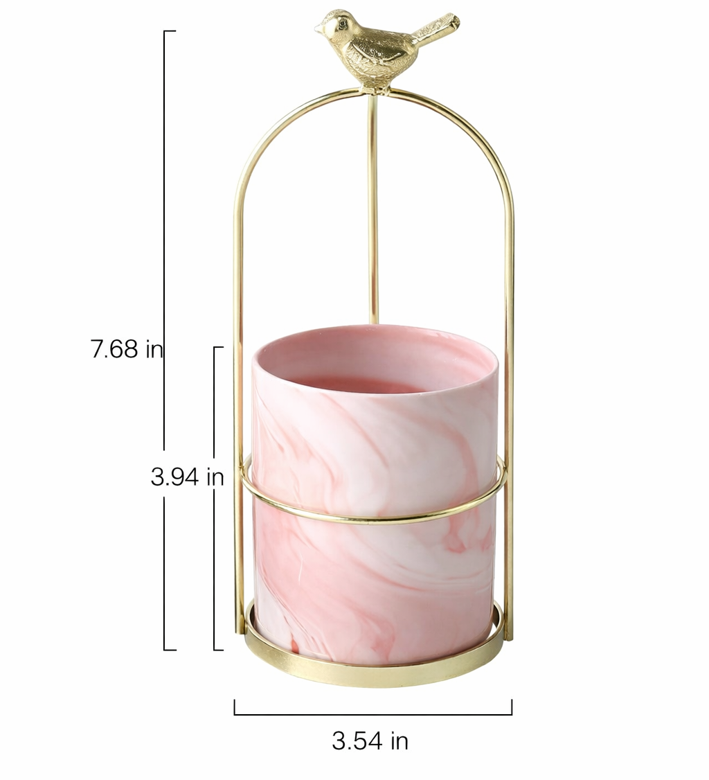 Decorative Metal Flower Pot with Bird Accent