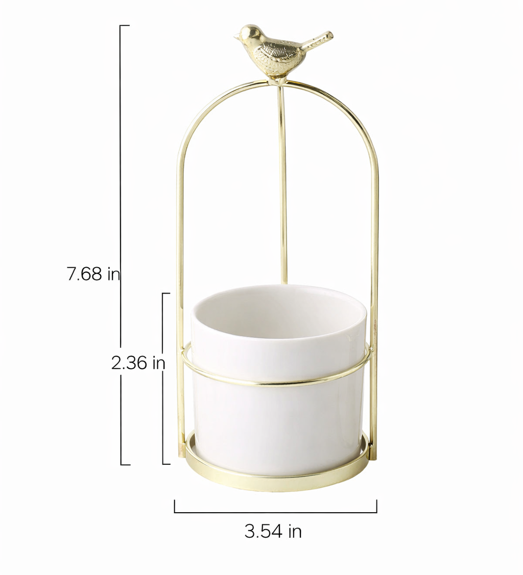 Decorative Metal Flower Pot with Bird Accent