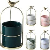 Decorative Metal Flower Pot with Bird Accent