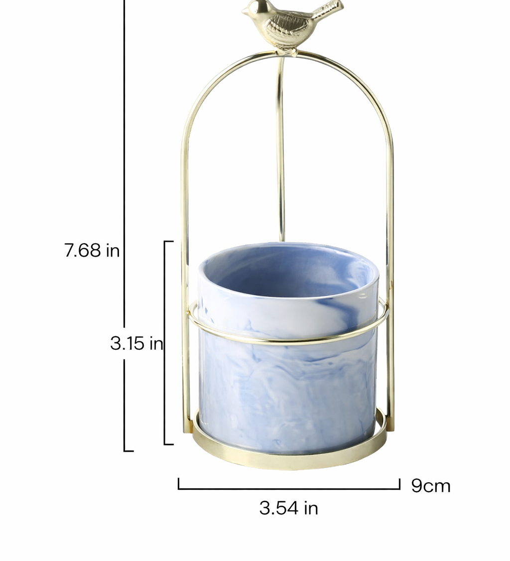 Decorative Metal Flower Pot with Bird Accent