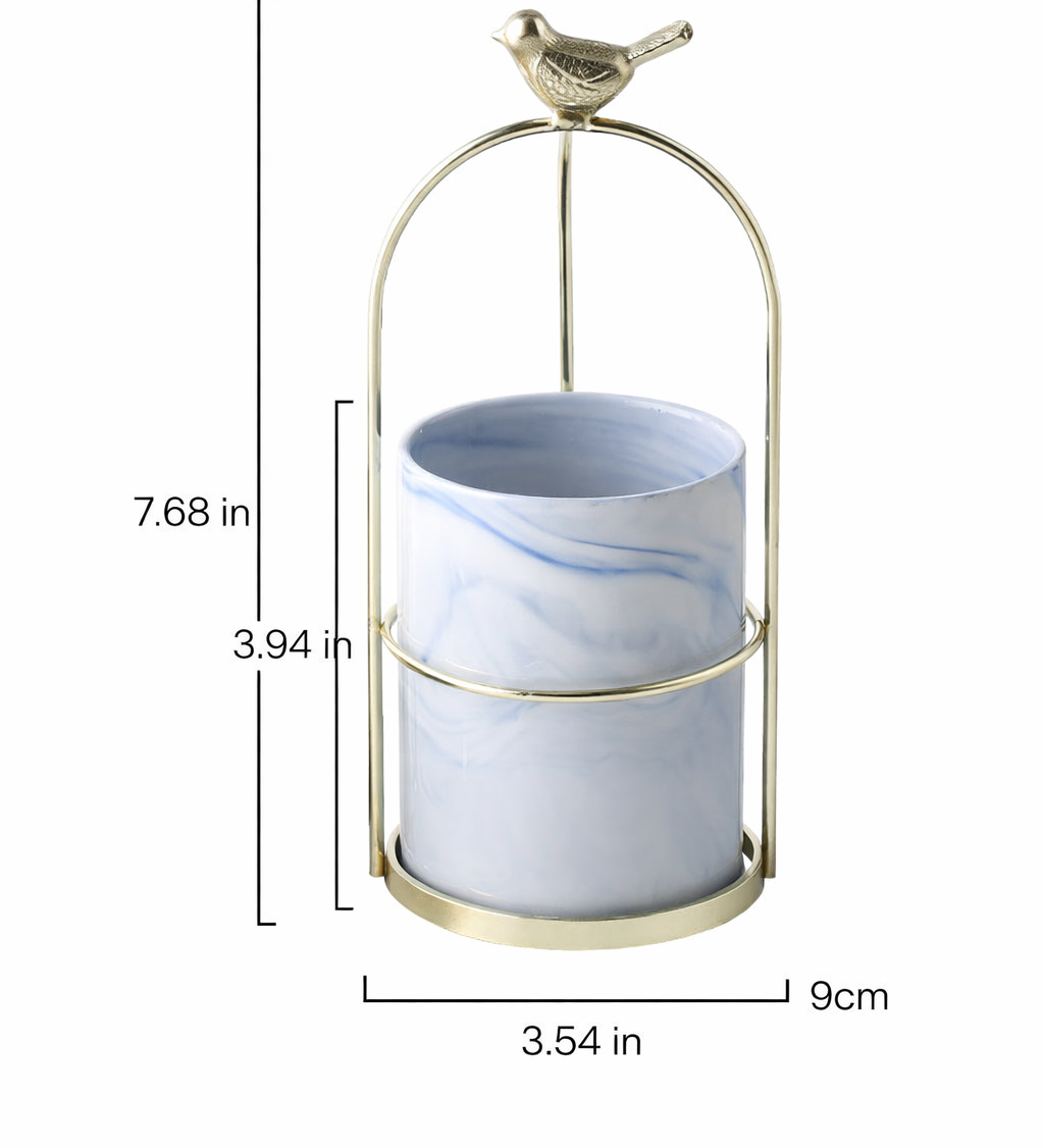 Decorative Metal Flower Pot with Bird Accent