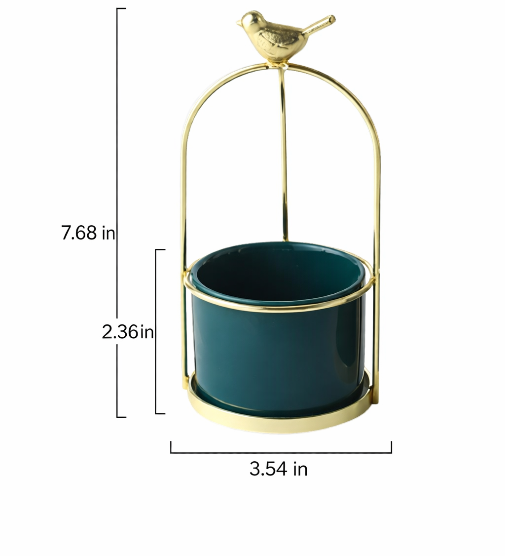 Decorative Metal Flower Pot with Bird Accent