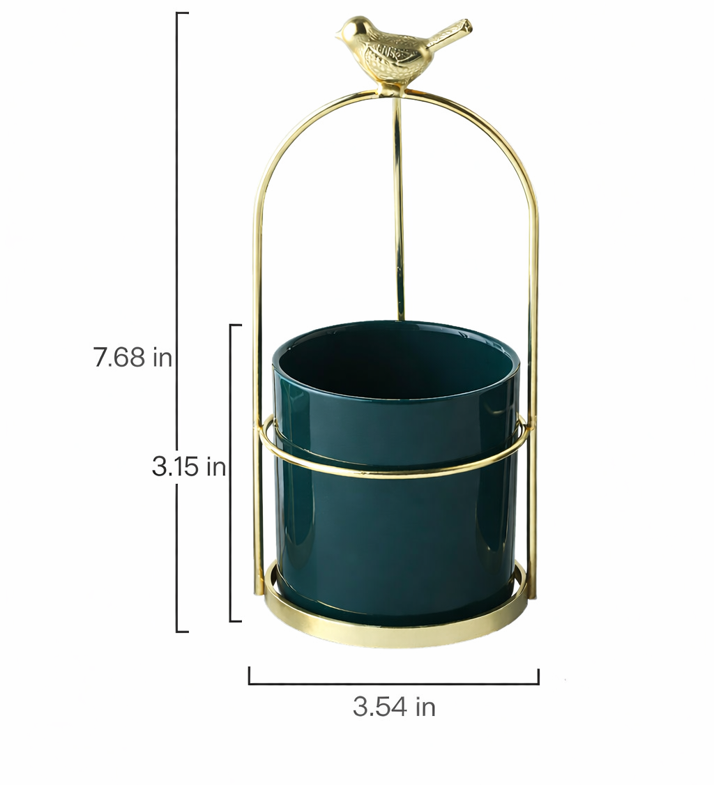 Decorative Metal Flower Pot with Bird Accent