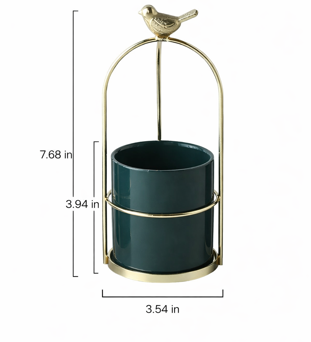 Decorative Metal Flower Pot with Bird Accent
