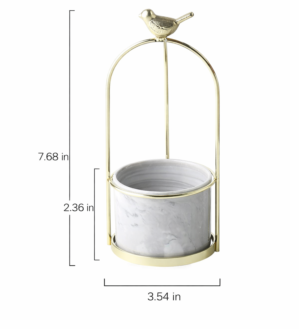 Decorative Metal Flower Pot with Bird Accent