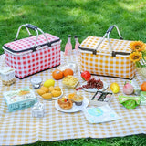 Foldable Checkered Picnic Basket Zippered Lid
