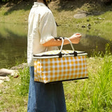 Foldable Checkered Picnic Basket Zippered Lid