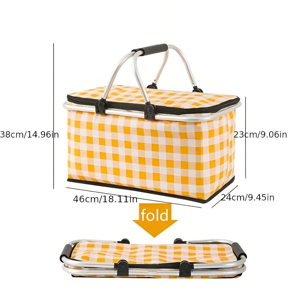 Foldable Checkered Picnic Basket Zippered Lid