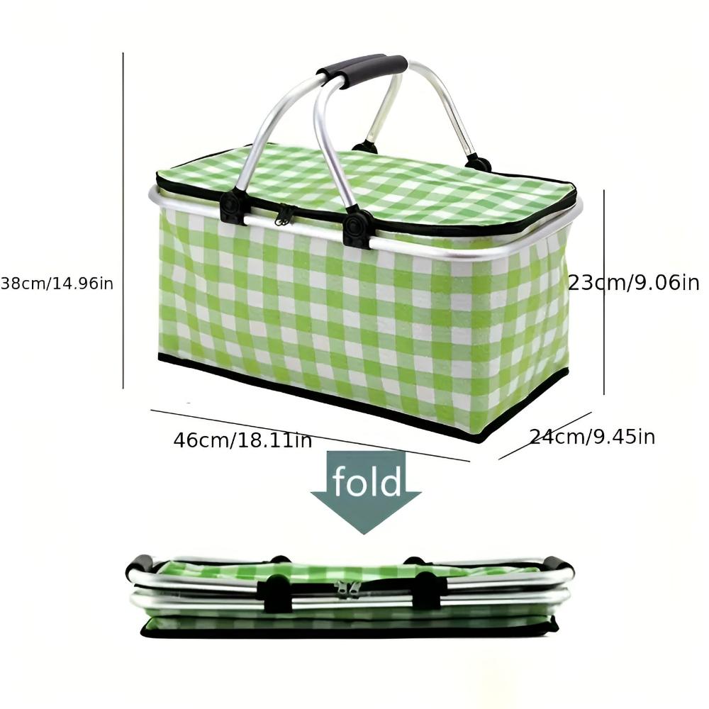 Foldable Checkered Picnic Basket Zippered Lid