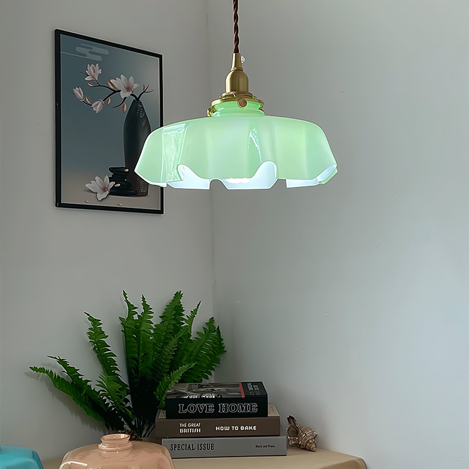 French Ruffled Glass Pendant with Brass