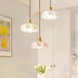 French Ruffled Glass Pendant with Brass