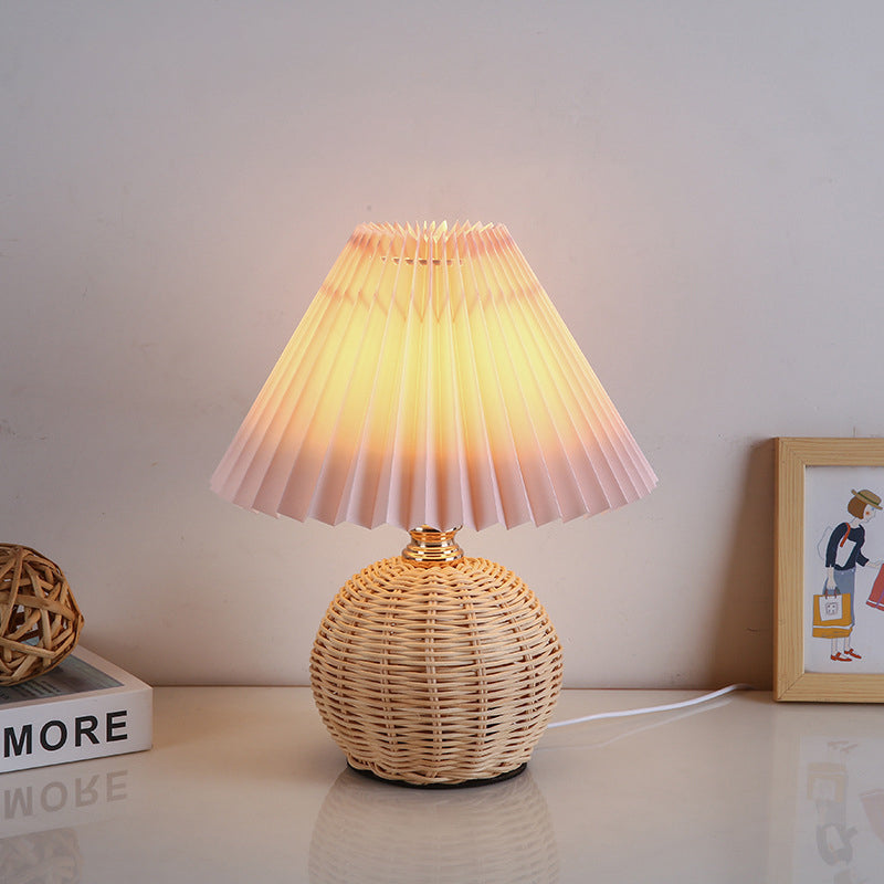 Nordic Rattan Table Lamp with Pleated Shade