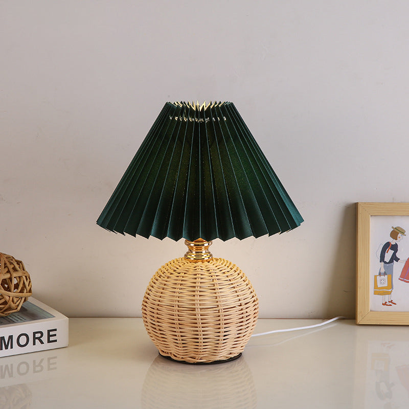 Nordic Rattan Table Lamp with Pleated Shade
