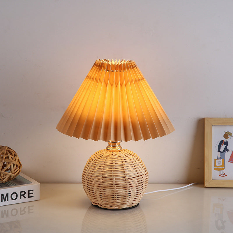 Nordic Rattan Table Lamp with Pleated Shade