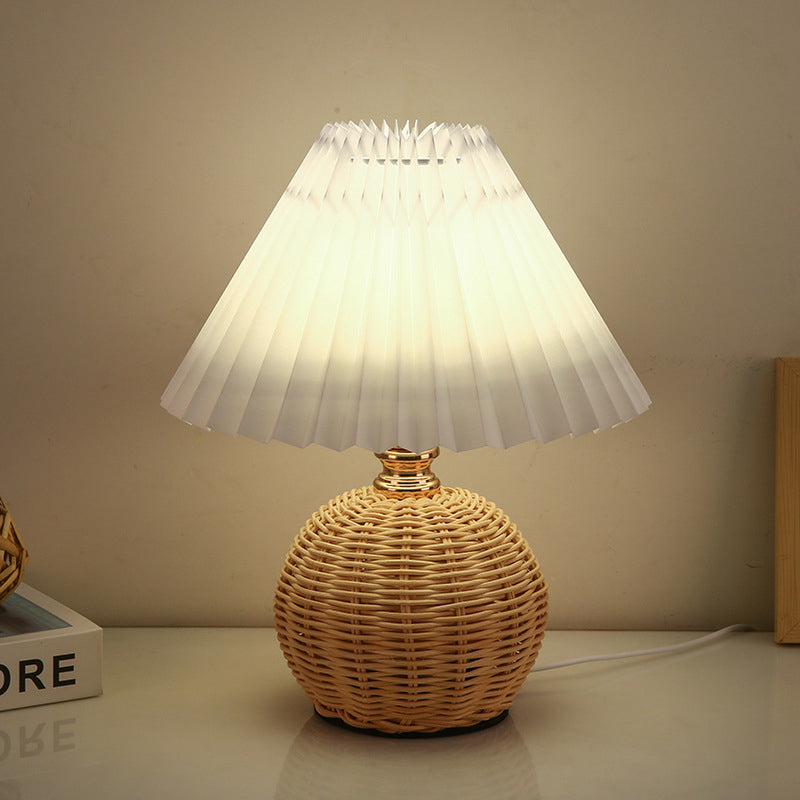 Nordic Rattan Table Lamp with Pleated Shade