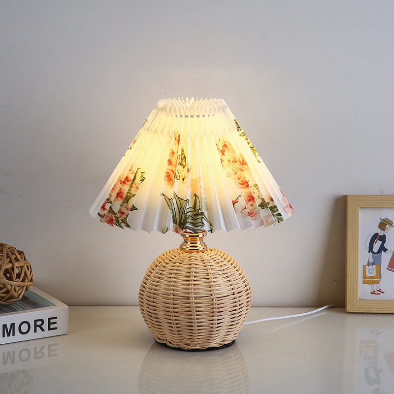 Nordic Rattan Table Lamp with Pleated Shade