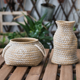 Textured Ceramic Flower Pot with Rope Handles
