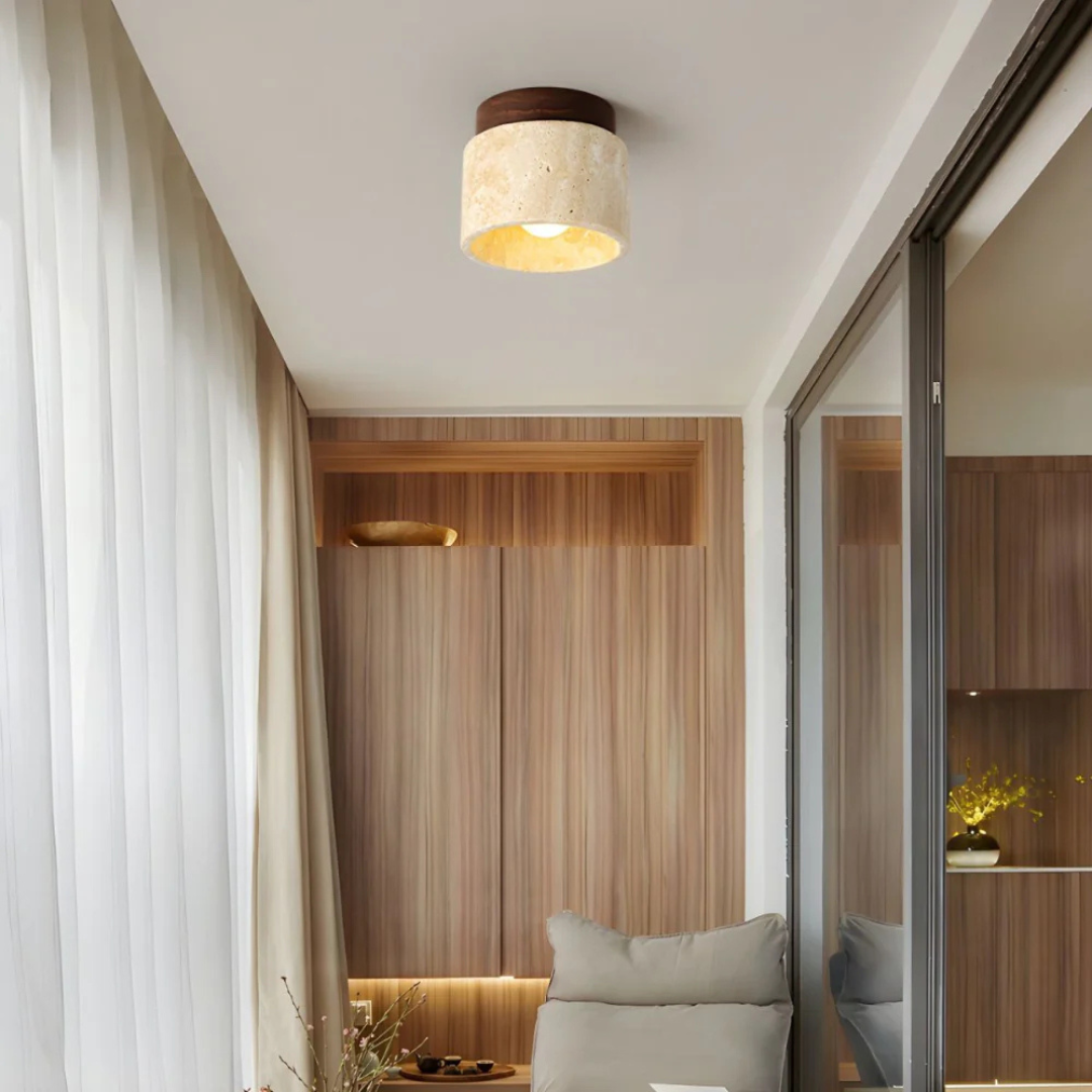 Travertine Ceiling Light with Wood Accent