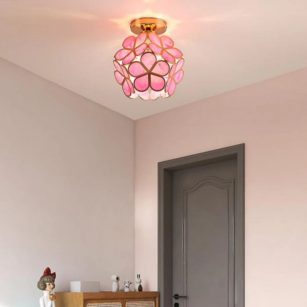 Vintage Iron Ceiling Light with Floral Shade
