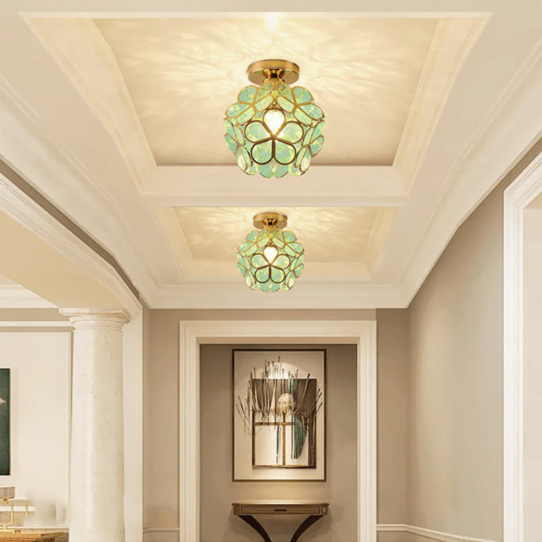 Vintage Iron Ceiling Light with Floral Shade