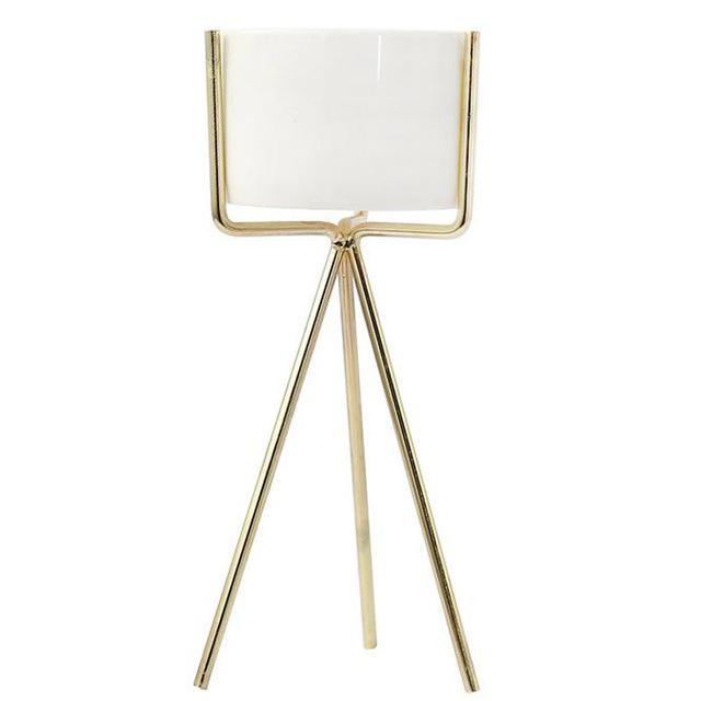 White Ceramic Planter with Tripod Metal Stand