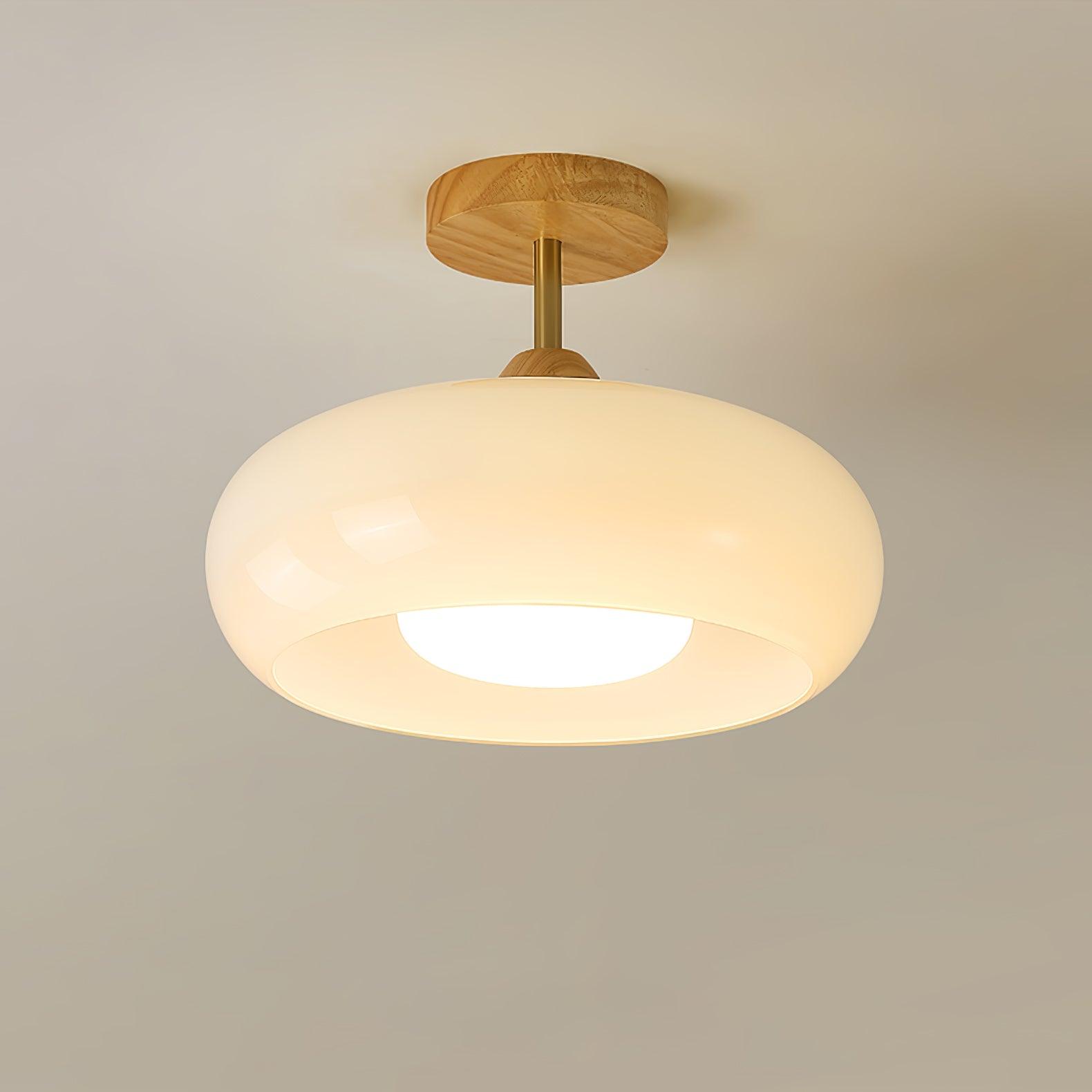 Wooden Dome Glass Semi Flush Ceiling Light