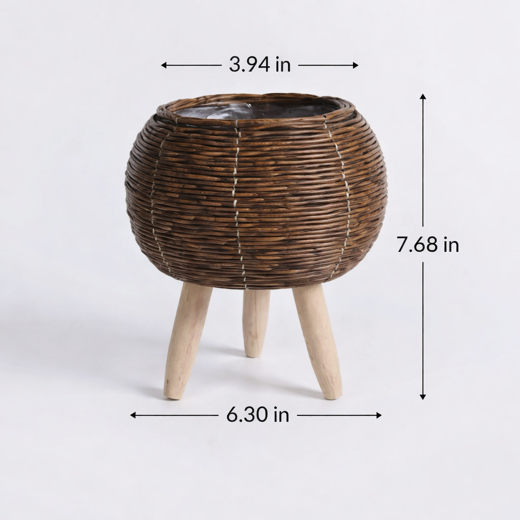 Woven Rattan Flower Stand with Wooden Legs