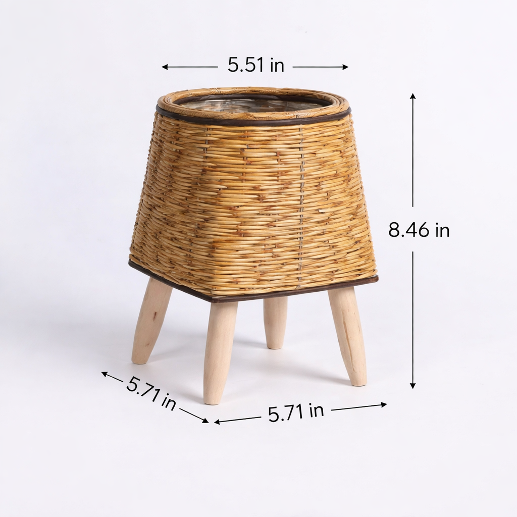 Woven Rattan Flower Stand with Wooden Legs