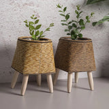 Woven Rattan Flower Stand with Wooden Legs
