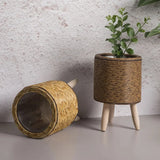 Woven Rattan Flower Stand with Wooden Legs